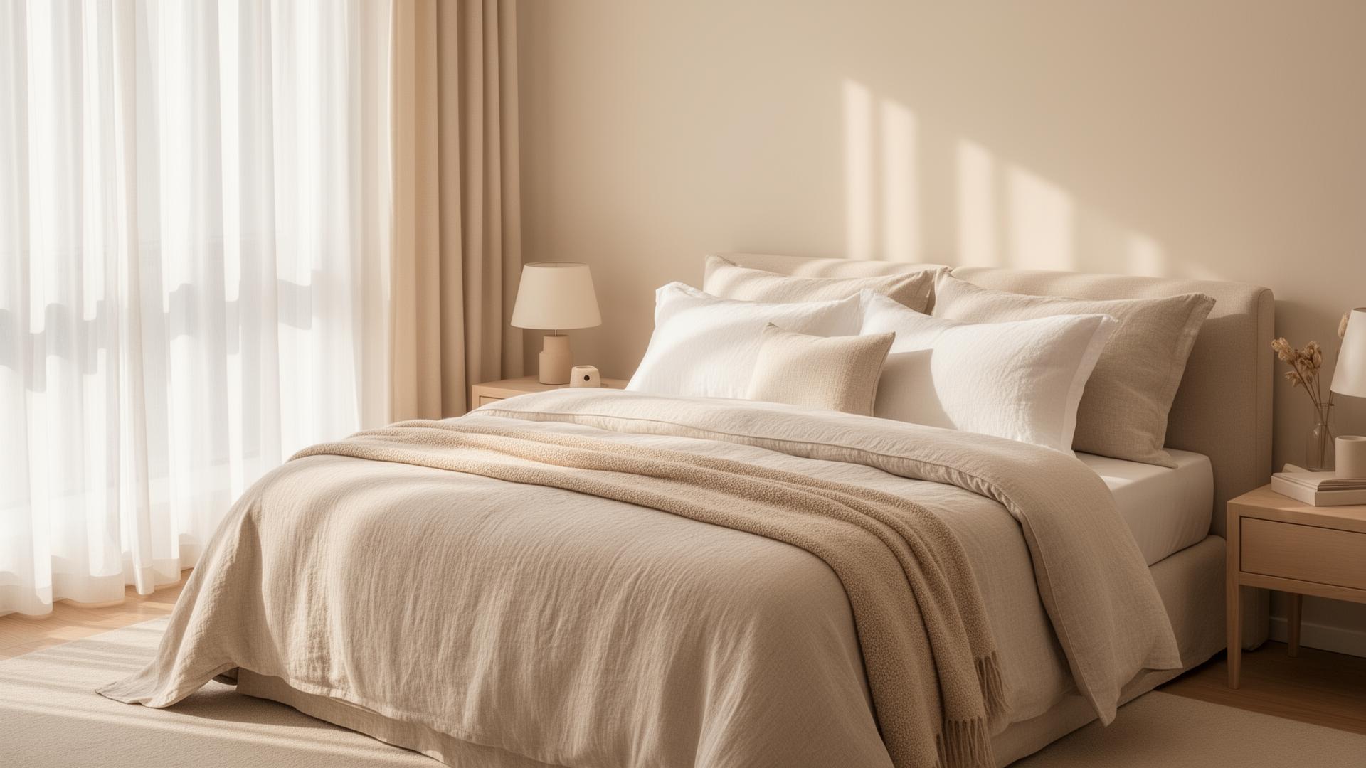 Quarto aconchegante com cama vestida em jogo de cama premium Decorize Lar